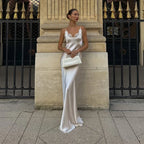 V-Neck Satin Sling Maxi Dress With Lace Patchwork Backless Evening Gown