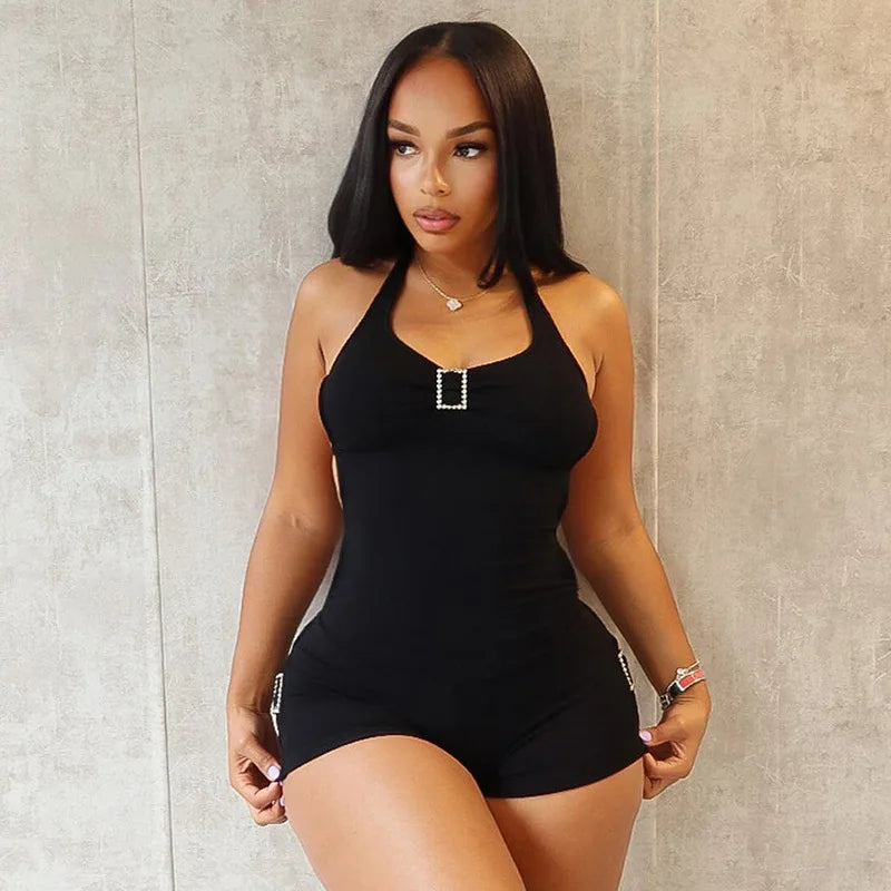 Sleek Hollow Out Halter Jumpsuit Short Romper