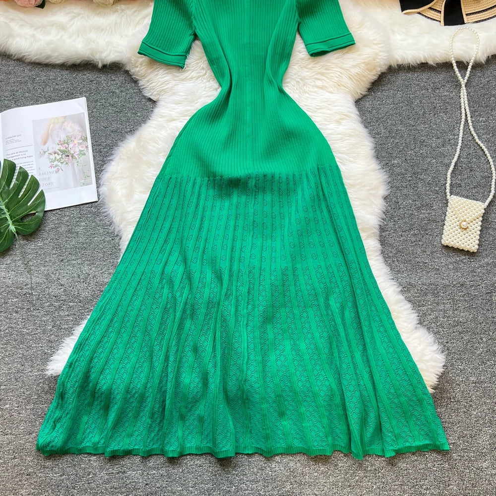 Vintage Inspired Turn Down Collar Knit Maxi Shirt Dress