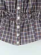 Sweet Plaid Chic Single Breasted Cropped Tops French Square Collar Puff Sleeve Blouse