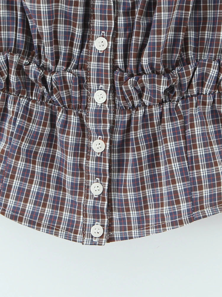 Sweet Plaid Chic Single Breasted Cropped Tops French Square Collar Puff Sleeve Blouse