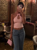 Pink Floral Halter Tank Top Sleeveless