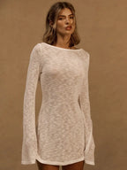 A Line Knit Mini Dress With Slash Neck And Bell Sleeves