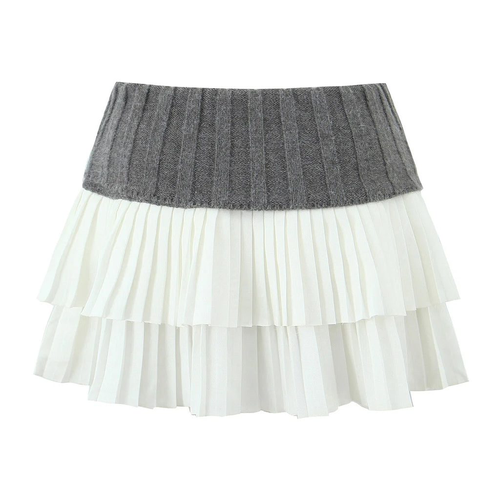 Knit Color Block Mini Skirt High Waisted Pleated