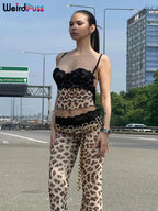 Patchwork Mesh Set With Leopard Print Skinny Pants Sexy Sleeveless Crop Top Street Style