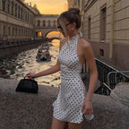Elegant Off Shoulder Polka Dot Mini Dress Sleeveless Backless High Waist