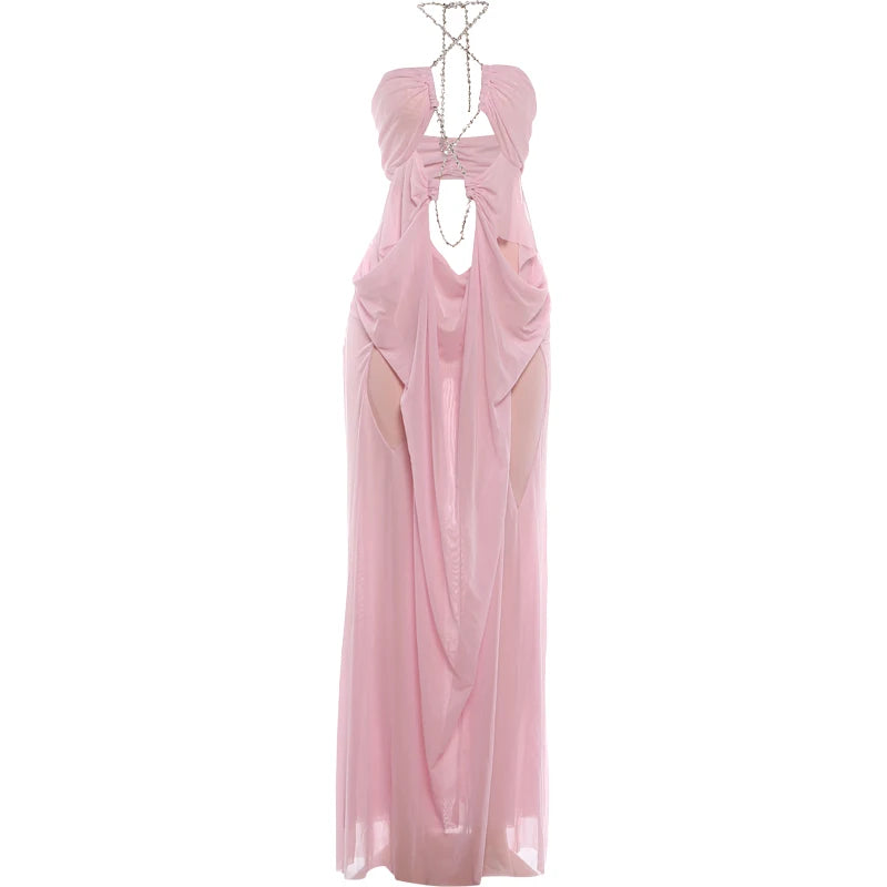 Sheer Halter Gown With Chain Detailing Backless Sleeveless