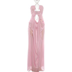 Sheer Halter Gown With Chain Detailing Backless Sleeveless