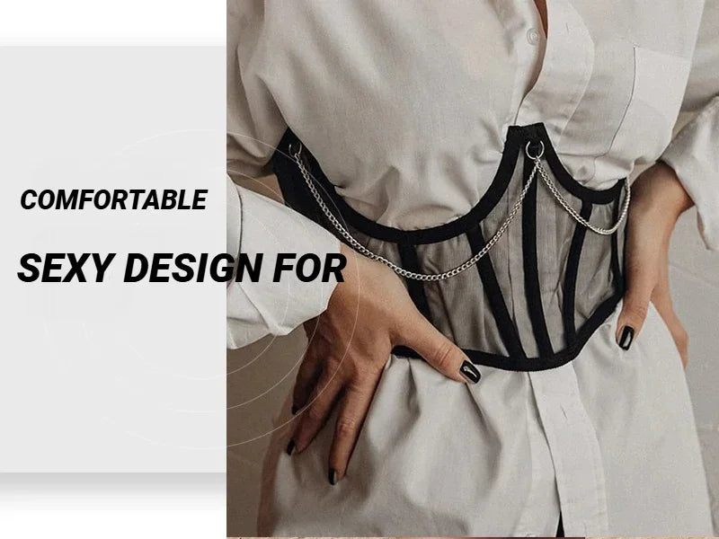 Underbust Punk Corset With Metal Chain Belt Gothic Lace Bustier Black
