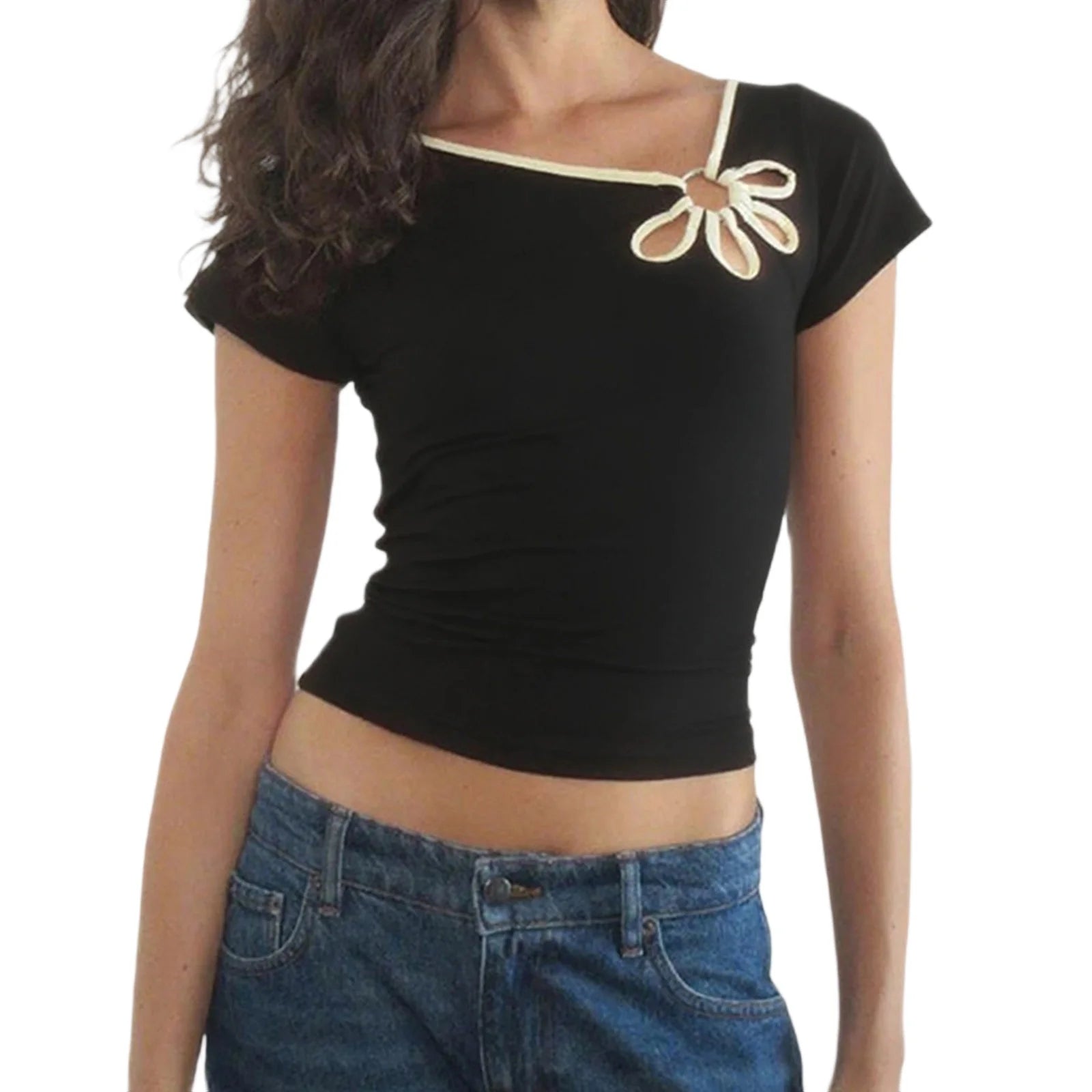 Nostalgic Streetwear Tee With Hollow Flower Cutout Slim Fit Half Sleeve For Women