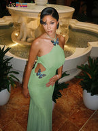 Sheer Halter Dress With Butterfly Appliques Hollow Ruffle Details Elegant Gown