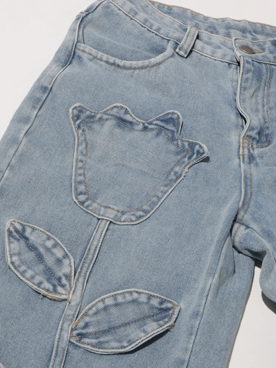 Floral Design Sense Casual Denim Trousers For Women High Waist Spliced Button  Loose Wide Leg Pants