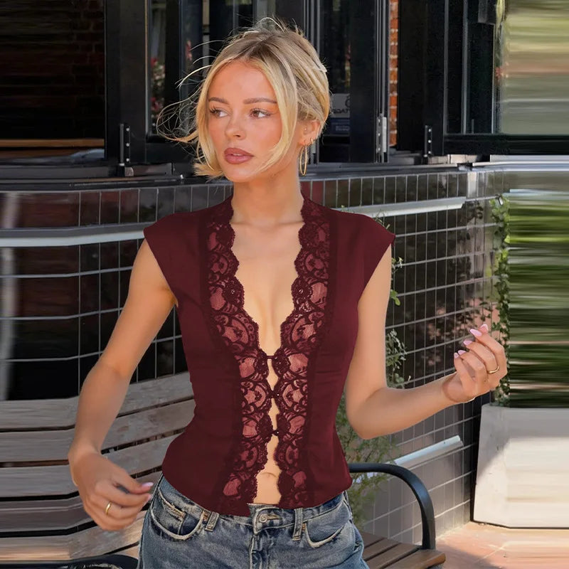 Flirty Lace Sheer V Neck Sleeveless Crop Top With Button Front Slim Fit