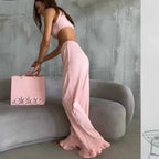 Knit Two-piece Set With Spaghetti Strap Top And Ruffled Trousers