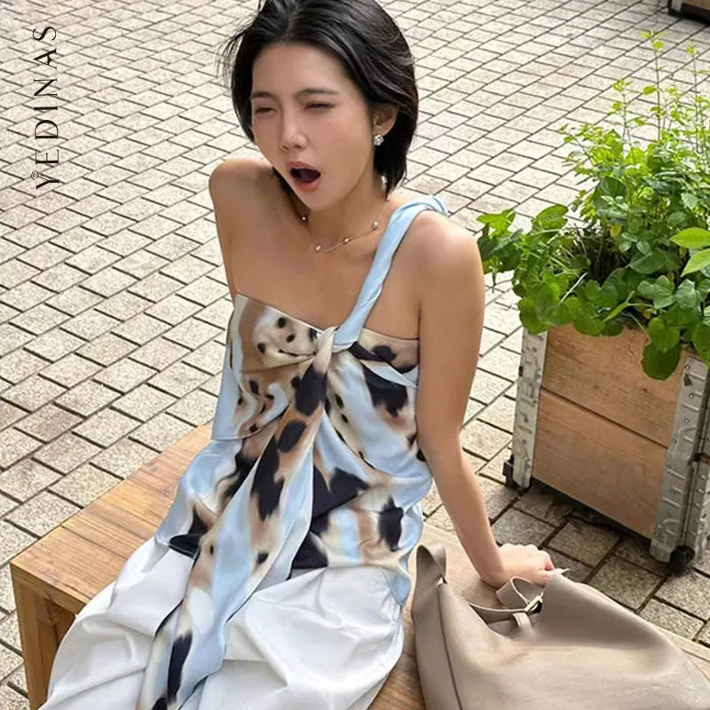 Boho Strapless Camisole Top With Knot Ribbon Patchwork Off Shoulder Tank