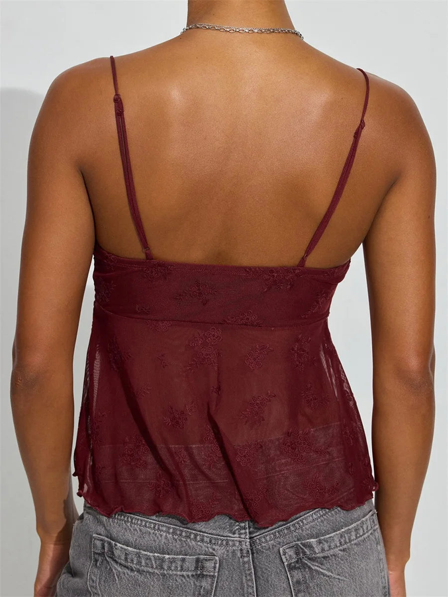 Sunny Day Floral Embroidered Mesh Cami Top With V Neck And Lace Trim