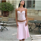Delicate Lace Corset Cami And Midi Skirt Set Slim Fit Sleeveless Romantic Outfit