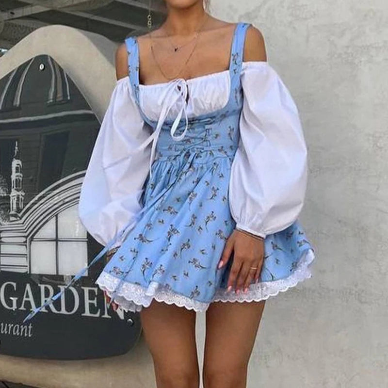 Floral Patchwork Mini Dress With Off Shoulder Square Collar Two Piece Look A Line