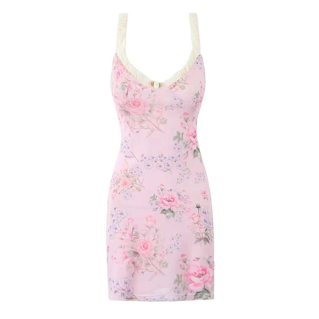 Vintage Pink Floral Print Mini Sexy Women's Dress