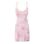 Vintage Pink Floral Print Mini Sexy Women's Dress