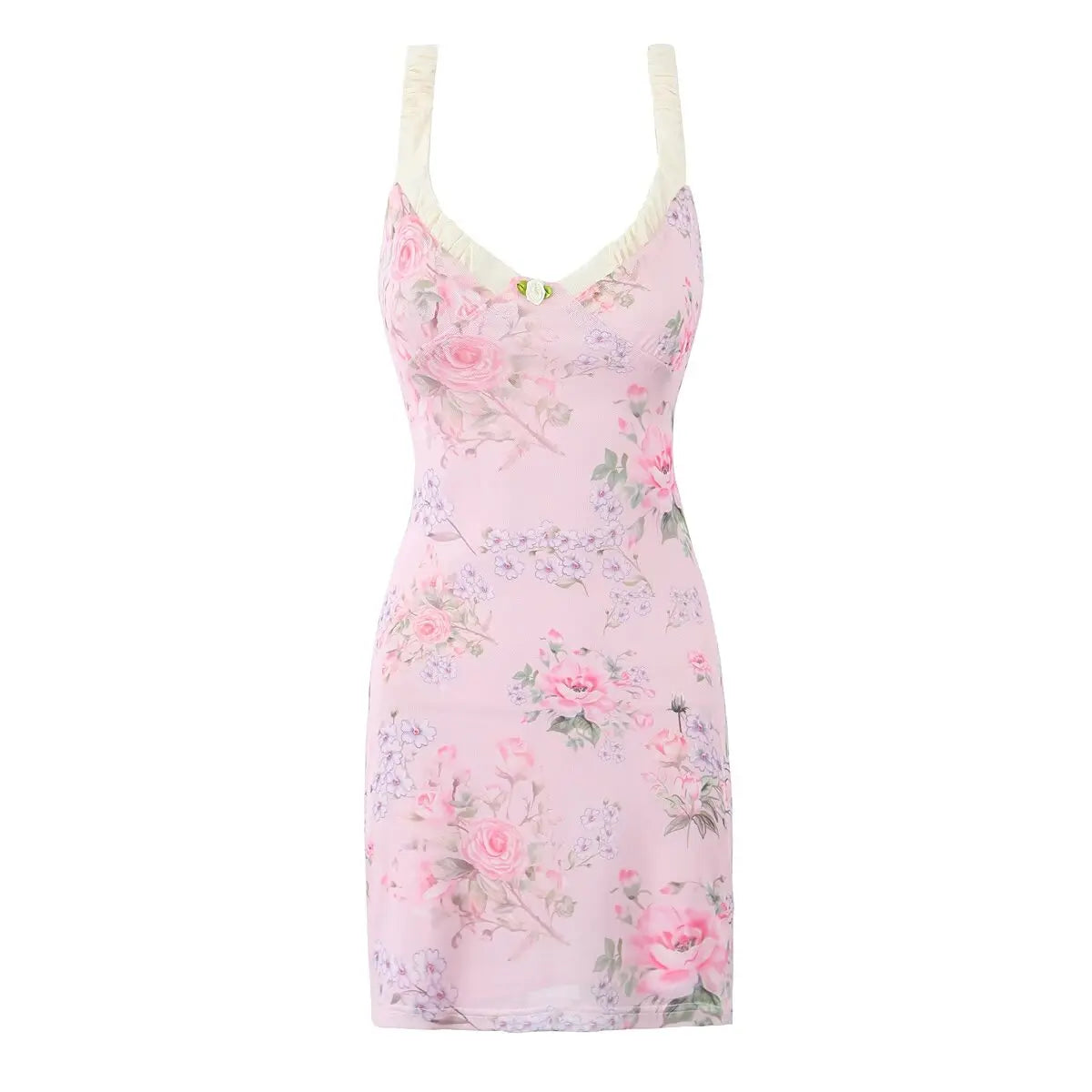 Vintage Pink Floral Print Mini Sexy Women's Dress