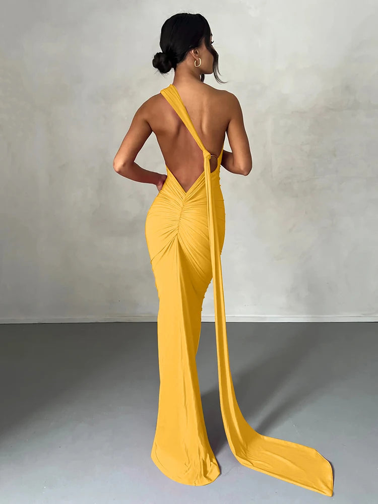 One Shoulder Backless Ruched Dress