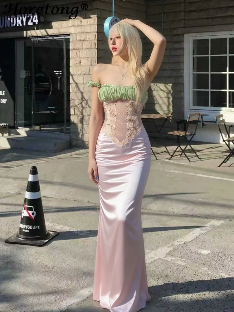 Color Block Off Shoulder Satin Maxi Dress With Lace Mesh Corset Bodice Elegant Evening Gown