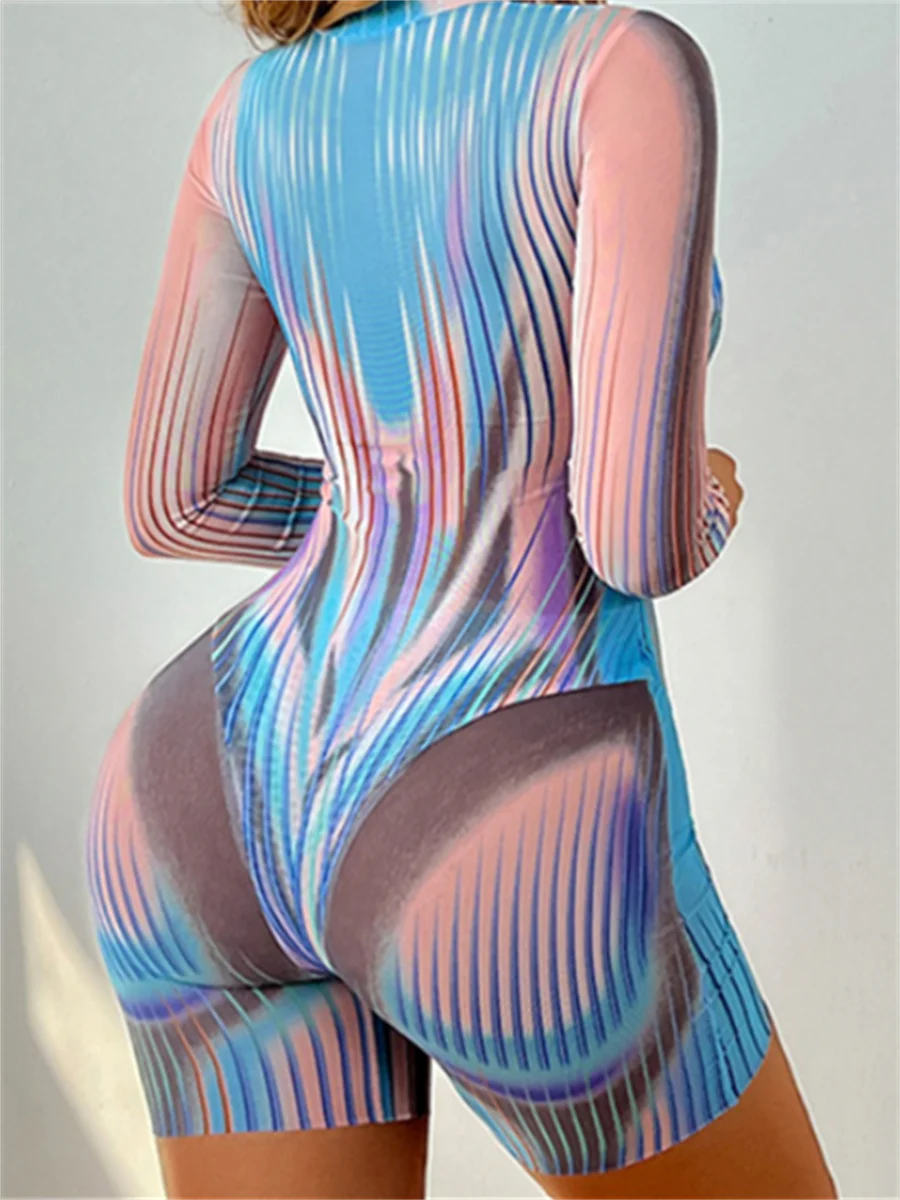 Colorful Striped Romper With Zip Front And Long Sleeves Patchwork
