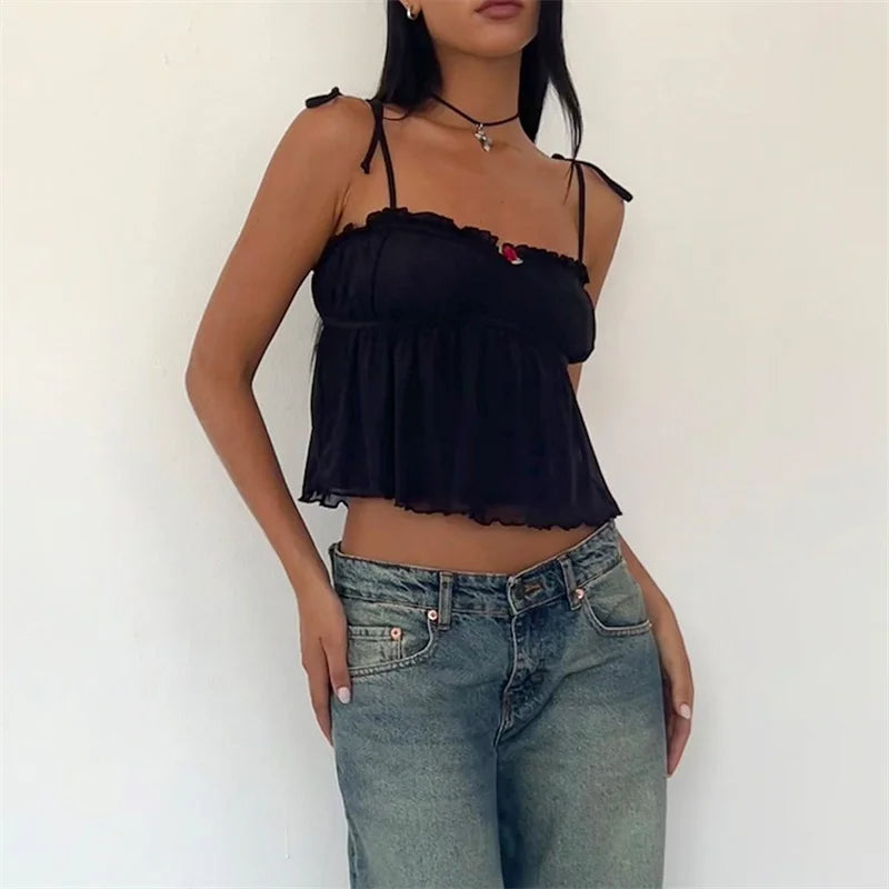 Floral Bow Detail Spaghetti Strap Cami Sleeveless Top