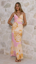 Sunlit Breeze Printed Strap Maxi Dress With V Neck Backless