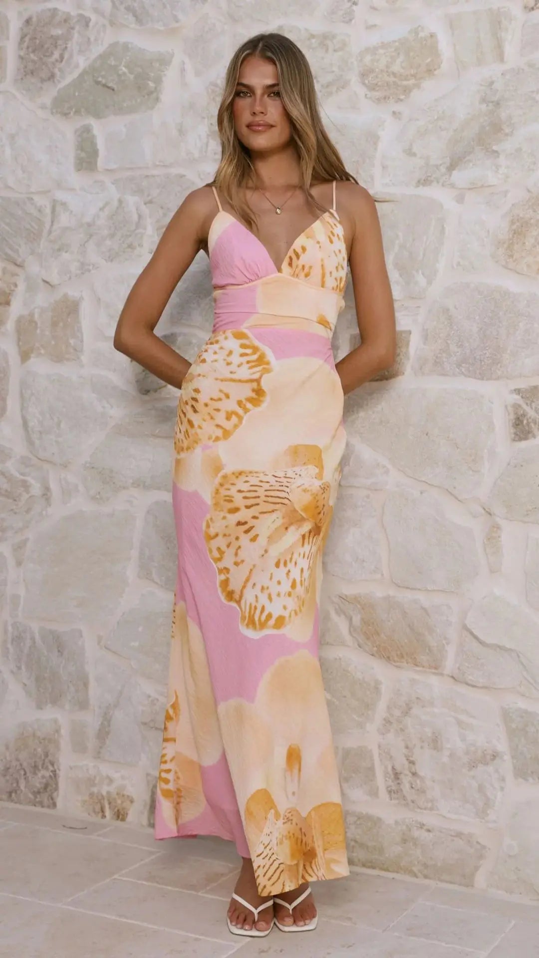 Sunlit Breeze Printed Strap Maxi Dress With V Neck Backless