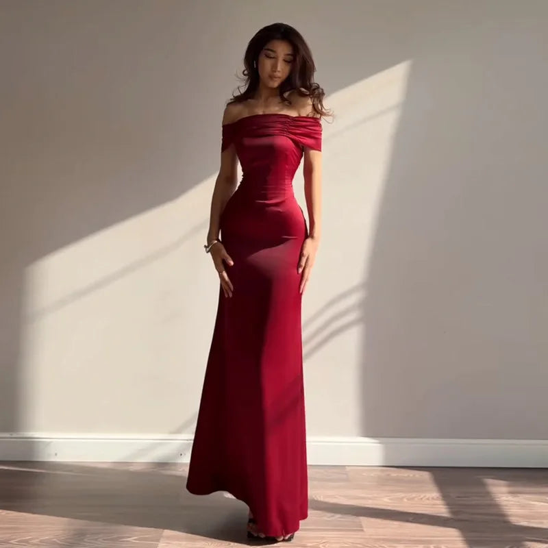 Retro Off Shoulder Satin Dress With Panel Back A Line Silhouette Long