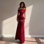 Retro Off Shoulder Satin Dress With Panel Back A Line Silhouette Long