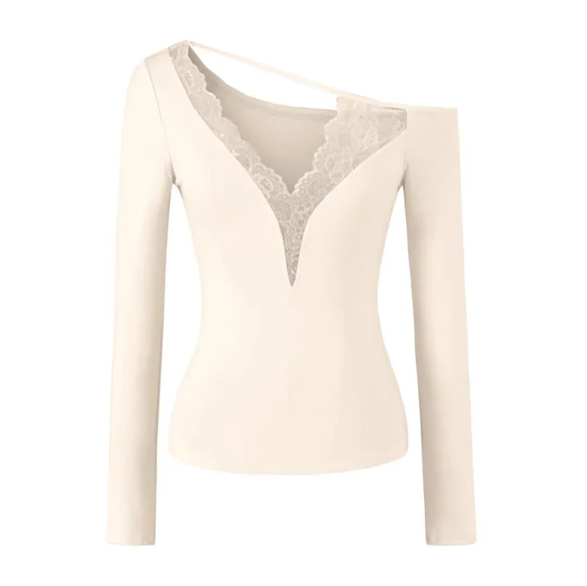Soft Cotton Long Sleeve Lace Trim V Neck Top Feminine Style