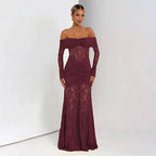 Off Shoulder Pleated Maxi Dress With Lace Patchwork