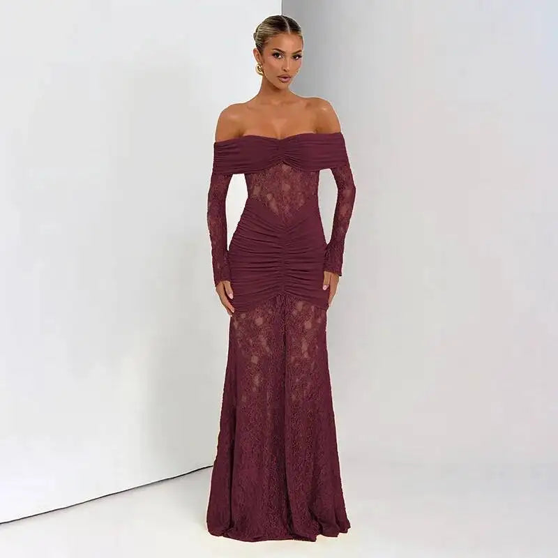 Off Shoulder Pleated Maxi Dress With Lace Patchwork
