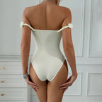Bold Yellow Lace Bodysuit With 3D Flowers Off Shoulder Ruffles And Sheer Corset Detail