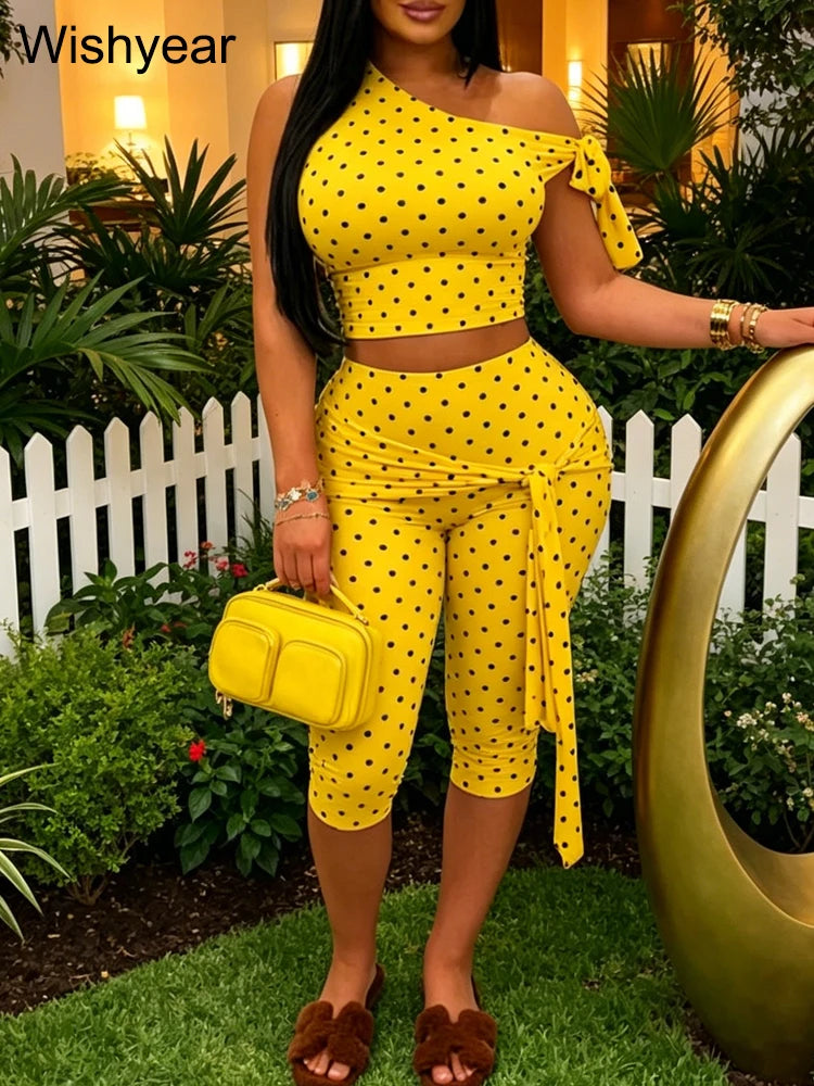 Polka Dot One Shoulder Crop Top Set With Tie Waist Capri Leggings