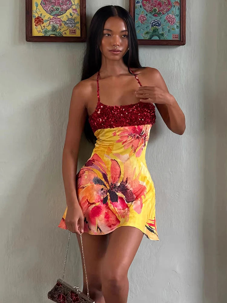 Floral Patchwork Mini Dress With Halter Backless Design