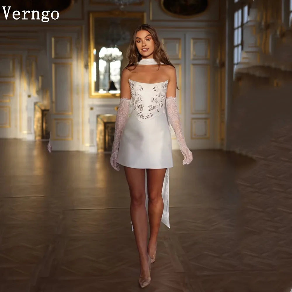 Ivory Satin Mini Wedding Dress With Sequined Appliques And Draped Train Elegant Bride