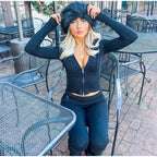 Ribbed Knit Two Piece Tracksuit Set With Hooded Crop Top And Elastic Zippered Pants