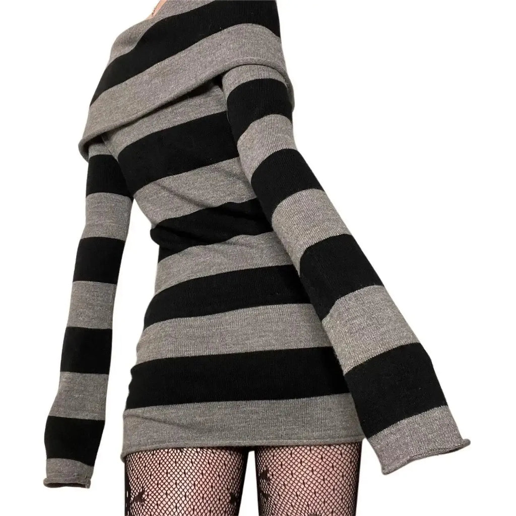 Striped Mini Bodycon Dress With Boat Neck And Off Shoulder