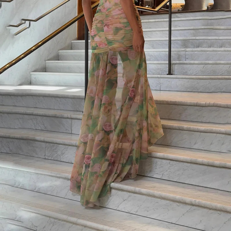 Elegant Floral Spaghetti Strap Maxi Dress With Backless High Split Ruched Silhouette