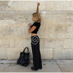 Spiral Rivet Decor Wide Leg Pants With Elastic Waist