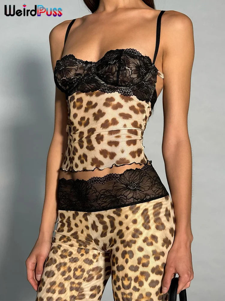 Patchwork Mesh Set With Leopard Print Skinny Pants Sexy Sleeveless Crop Top Street Style