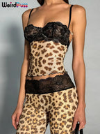 Patchwork Mesh Set With Leopard Print Skinny Pants Sexy Sleeveless Crop Top Street Style