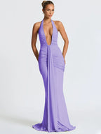 Deep V-Neck Backless Ruched Maxi Dress Halter Gown