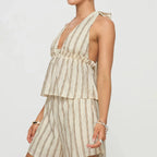 Striped Loungewear Set With Tie Up Halter Top And Elastic Waist Shorts