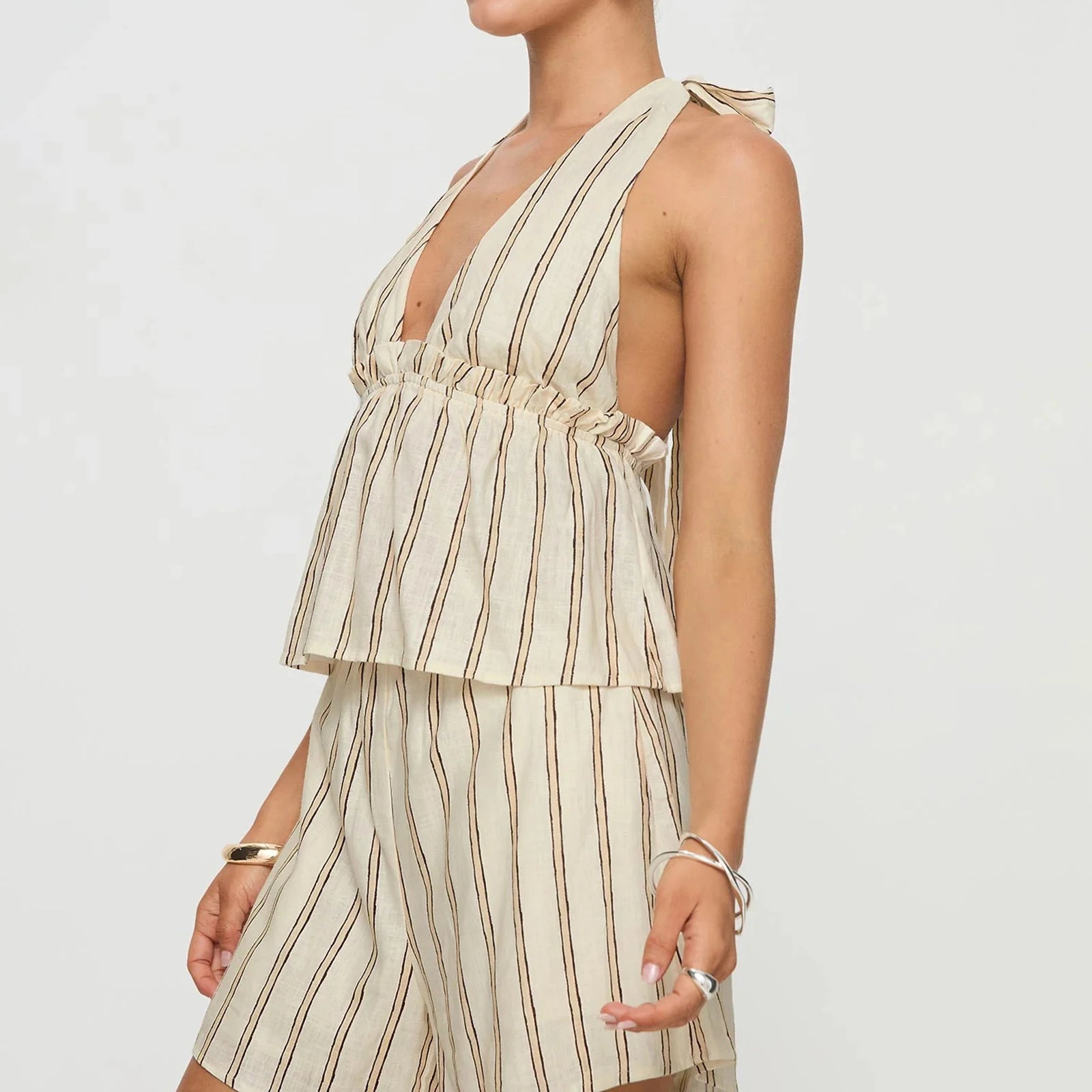 Striped Loungewear Set With Tie Up Halter Top And Elastic Waist Shorts