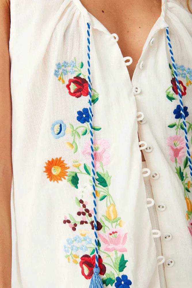 Cotton Floral Embroidered Tank Top Sleeveless Blouse